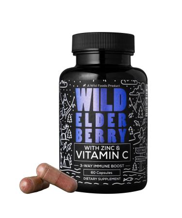 Wild Foods Sambucus Elderberry with Zinc and Vitamin C for Adults  3-in-1 Daily Immune Support  500mg Per Capsule Two Month Supply Zero Sugar Organic Ingredients USA Made  60 Capsules