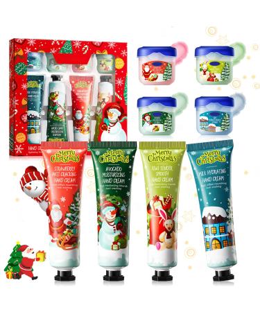 WEILAOK Set of 4 mini Christmas hand creams - 4 lip balms - Cream for very dry hands - Gifts for women - Moisturizing - Non-greasy - Absorbs quickly
