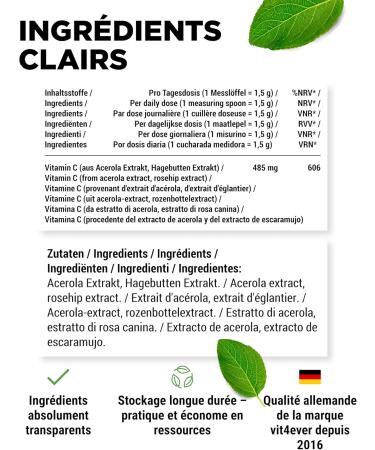 vit4ever Poudre d ac rola & cynorrhodon 300 g r serve de 6 6 mois 200 portions avec 1500mg d extrait dont 485mg de vitamine C naturelle base d ac rola et de cynorrhodon vegan sans additifs 300 g (Lot de 1) - Buy Online on GoSupps.com