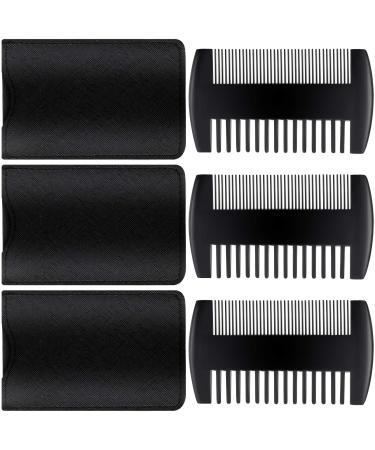 3 Pieces Beard Comb Natural Sandalwood Wooden Mustaches Combs Dual Action Teeth Beard Comb with 3 Pieces Pocket Faux Leather Case for Beards Mustaches (Black)