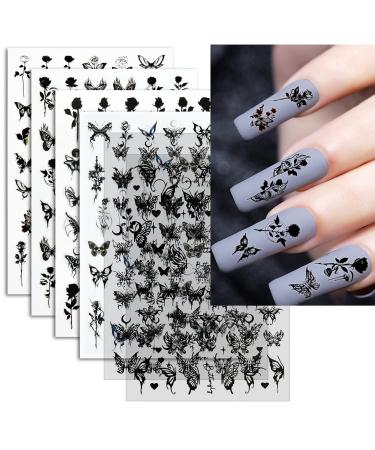 6 Sheets Black Butterfly Rose Nail Stickers for Nail Art  3D Nail Supplies Nail Art Design Decorations Accessories for Acrylic Nail DIY Decoration Self-Adhesive Nail Stickers for Women Girls (Black butterfly rose)