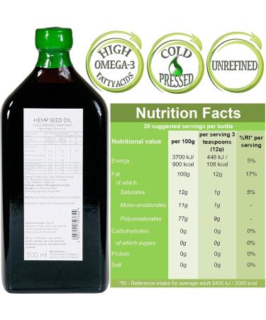 Ol Vita: Cold Pressed Hemp Seed Oil Raw Unrefined NO Additives Pure and Natural Supplement 500ml - Buy Online on GoSupps.com