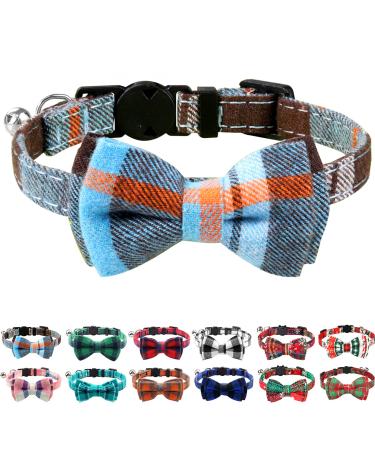 Joytale Breakaway Cat Collar with Bow Tie and Bell, Cute Plaid Patterns, 1 Pack Girl Boy Kitty Safety Collars 7-11'' (pack of 1) Haze blue
