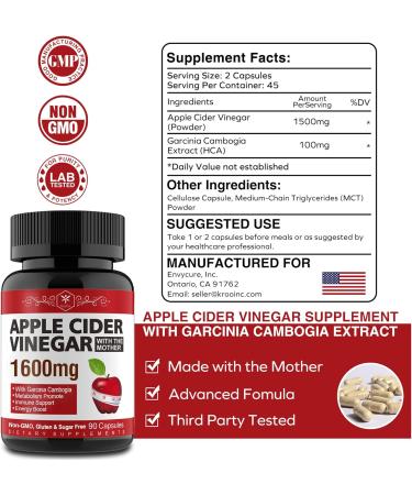 Garcinia Cambogia & Apple Cider Vinegar Capsules - Energy Boost, Immunity Support, Metabolism Boost - 90 Count Vegan Non-GMO Gluten & Sugar Free - Buy Online on GoSupps.com