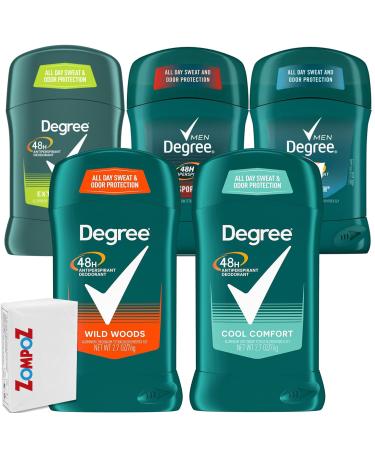 Men Deodorant Invisible Solid Sticks Variety Set of 5 Deodorant Antiperspirant Assorted Scents Includes Extreme Blast Cool Rush Sport Cool Comfort and Wild Woods + Bonus Zompo-Z Tissue