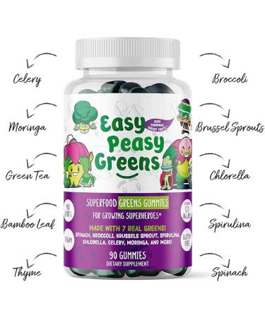 EasyPeasyGreens Daily Veggie Gummies for Kids - 90 Greens Gummies - Helps Picky Eaters Get Their Veggies in - Made with 10 Real Vegetable Extracts and 100% Vegan - Buy Online on GoSupps.com