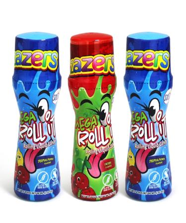 Zazers Mega Slime Sour Lickers Candy Sour Rolling Liquid Candy - 3 Pack of Roll-It Bottles 2 Tropical Punch and 1 Cherry - Gluten Free (Kosher 2.02 OZ. each Bottle )