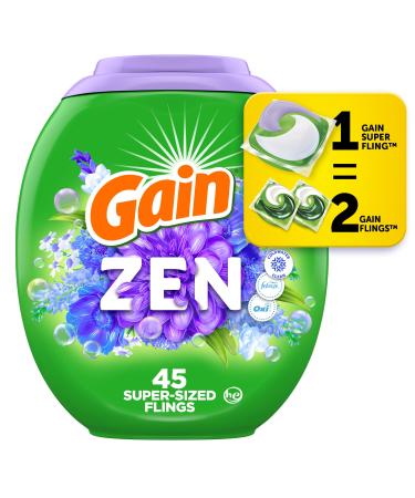 Gain Super Sized Flings Laundry Detergent Pacs Zen 3-in-1 Detergent Pacs with Febreze and Oxi 45 Count Zen 45 count (Pack of 1)