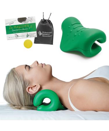 Neck extensor cushion-neck ex-massage device for neck pain for neck back and neck tension with extra exercise book from German physiotherapists Prevention moves manufacture (green)