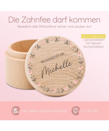 Personalized Wooden Milk Tooth Jar - B renfreunde with Child-Friendly UV Printing | Keepsake for First Teeth - Flower Circuit Pink - Buy Online on GoSupps.com