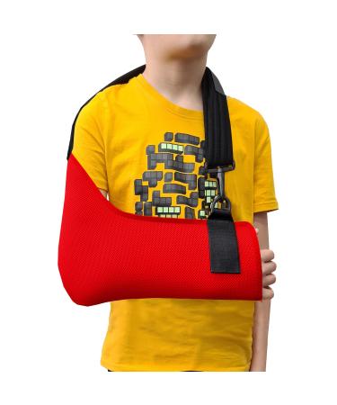 4DflexiSPORT Arm Sling Child (10-11yr red/red trim) Medical Grade Extra Deep Feel-safe Easy-fit Cooling Ultra-comfort Includes Smiley Sticker. Fits R or L arm.