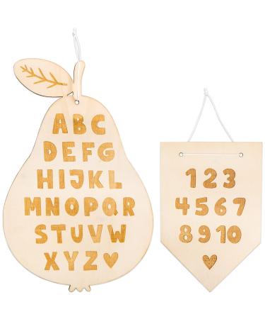 Paper dragon 2 wooden signs with engraving - pennant with numbers of 1-10 and pear with the alphabet - gift for first class for school start - great decoration for the children's or classroom - set 1 natural wood engraving