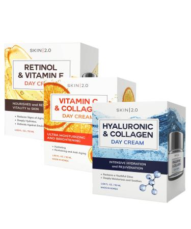 Face Moisturizer Day Cream Set - Dermatologist Tested Anti Aging Korean Skin Care - For Firm Smooth Plump and Hydrated Skin - Vegan Clean Beauty Cruelty Free- Pack of 3 3 Day Creams (Morning Noon Night)