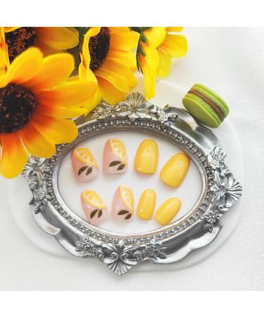 Acrylic Press on Nails - Short Round Lemon Design Fake Nails | 24 Pcs Glossy Yellow Full Cover Stick-ons for Women - Buy Online on GoSupps.com