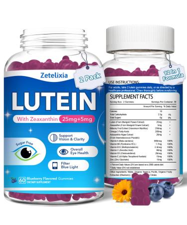 2 Pack Lutein Gummies, 12 in 1 Lutein and Zeaxanthin Supplements Eye Vitamins Gummies for Adults, Eye Health Supplement with Multiple Vitamin for Promoting Eye & Vision - 120 Gummies 60 Count (Pack of 2)