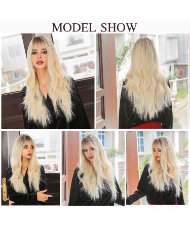 Esmee 26 Blonde Wig with Bangs - Ombre Wavy Synthetic Hair with Dark Roots | Perfect for Daily Wear, Parties, and Cosplay - Buy Online on GoSupps.com