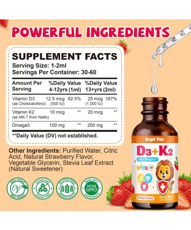 Kids Vitamin D3 K2 Drops - K2 D3 Vitamin Supplement 1000 IU with Omega 3, Support Bone, Mood, Teeth & Immune - Vitamin D3 K2 (MK-7) Liquid Drops for Adults & Kids, Sugar Free Strawberry Flavor 2 FL OZ Strawberry 2 Fl Oz (Pa  - Buy Online on GoSupps.com