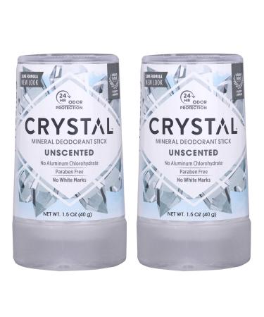 CRYSTAL Travel Stick Mineral Deodorant - Unscented Body Deodorant With 24-Hour Odor Protection Non-Staining & Non-Sticky Aluminum Chloride & Paraben Free 1.5 FL OZ (Pack of 2) 1.5 Ounce (Pack of 2)