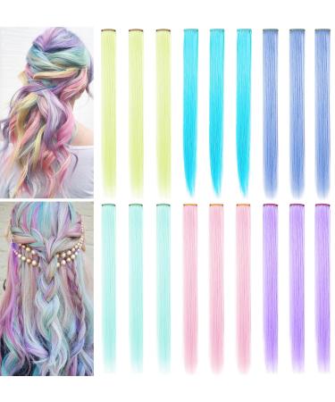 JCHDWSGUO 18 PCS Colored Hair Extensions 21Inch Heat-resistant Synthetic Straight Hair Extensions Clip in  Crazy Hair Accessories for Girls Holiday Party Hair Highlights Women Wig Pieces (Multi-colored) Candy colors