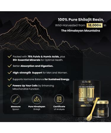 VELTRAVITA 100% Pure Himalayan Shilajit Resin Gold 500 Organic | High Potency 75%+ Fulvic Acid Humic Acid & 85+ Trace Minerals | Natural Energy & Immune Support for Men & Women | Lab Tested - Buy Online on GoSupps.com