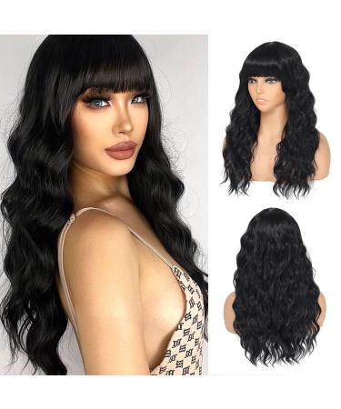 X-TRESS 20 Inches Synthetic Black Wavy Wigs with Bangs Synthetic Natural Curly Bang Black Wigs for Women Synthetic Hair Heat Resistant Fiber Hair Wigs for Daily Party Black Wig(1B) Black-20 Inch