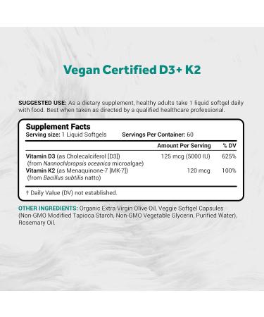 Naturalis Vegan Vitamin D3 + K2 Algae Supplement | 5000iu D & 120mcg K | Vegan Society Certified | 60 Veggie Softgels - Buy Online on GoSupps.com