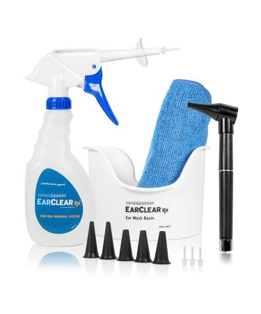 Ear Wax Removal Kit by EarClear Rx - Ear Wax Cleaning System for Adults & Kids- Rigid Tip Kit with Otoscope Penlight Basin and 3 Disposable Tips and Microfiber Towel