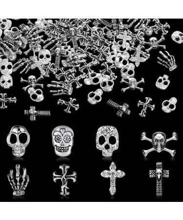 Linyuthia 80 Piece 3D Skull Cross Nail Charms Skull Silver Nail Charms Skull Nail Stickers for Nails Halloween Silver Nail Cross Charm Skeleton Hand Cross Nails Charms for Women Girls Metal Nail DIY