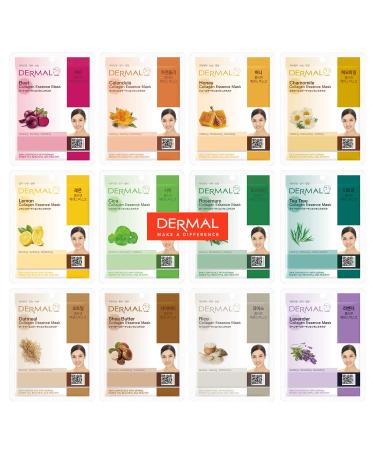 DERMAL 12 Pack Combo New Value Set Collagen Essence Mask Sheet | Sodium Hyaluronate & Hydrolyzed Collagen Nature Made Fresh Mask | Best Korean Skin Care Mask | Paraben-Free
