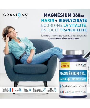 GRANIONS - Magnesium Bisglycinate + Marine Magnesium - 6 MONTH FORMAT | Marine Magnesium + Magnesium Bisglycinate + Vitamin B6 - Buy Online on GoSupps.com