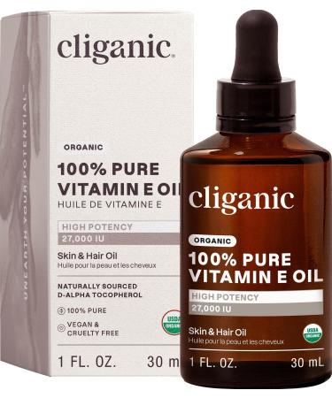 Cliganic Organic Pure Vitamin E Oil for Skin Hair & Face - 27 000 IU Non-GMO Verified | Natural D-Alpha Tocopherol 1 Fl Oz (Pack of 1)