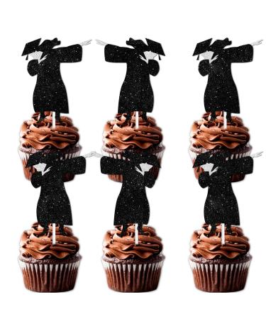 18pcs Black Glitter Graduate Girl Dessert Cupcake Topper Congrats Grad 2024 Theme Decorations 2024 Preschool High School College Graduation Party Decor Supplies