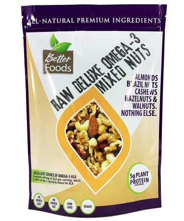 Raw Unsalted Deluxe Omega-3 Mixed Nuts (Almonds, Brazil Nuts, Cashews, Hazelnuts and Walnuts) - Non-GMO Natural Nuts Gluten-Free No Added Salt Sugar or Fat unsalted 1.25 Pound (Pack of 1)