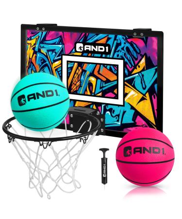 AND1 Over The Door Mini Hoop: - 18x12 Pre-Assembled Portable Basketball Hoop with Flex Rim, Includes Two Deflated 5 Mini Basketball Teal/Pink Mini Hoop / Two Balls