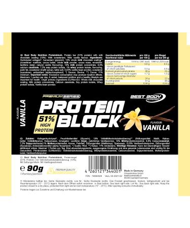 Best Body Nutrition Protein Block - Vanilla | 51% Protein per Bar | 15 x 90g | 1.35kg - International Shipping Available - Buy Online on GoSupps.com