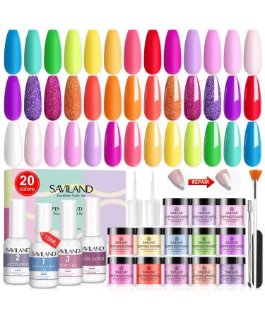 Saviland 29 pieces Dipping Powder Nails Starterset: 20 colors Dipping Acrylic Powder with Dip Base Top Coats Activator Brush Sever Dip Chrome Nail Powder French Nailart Salon Gift for Girls Women 03-Colors of Passion