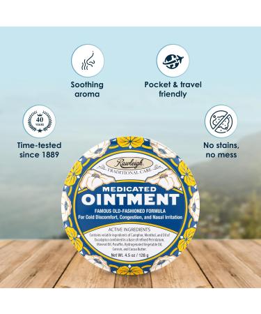 Rawleigh Medicated Ointment: 4.5 oz Blue Tin Adults & Kids: Topical Chest Rub for Cold Nasal Congestion Minor Aches and Pain with Camphor Menthol & Eucalyptus Non-Greasy Formula - Pack of 1 4.5 Ounce (Pack of 1) - Buy Online on GoSupps.com