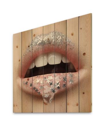 DesignQ Female Lips With A Gel On The Lips & Stars Modern & Contemporary Wood Wall Decor Silver Wood Wall Art Large People Wood Wall Panels Printed On Natural Pine Wood Art