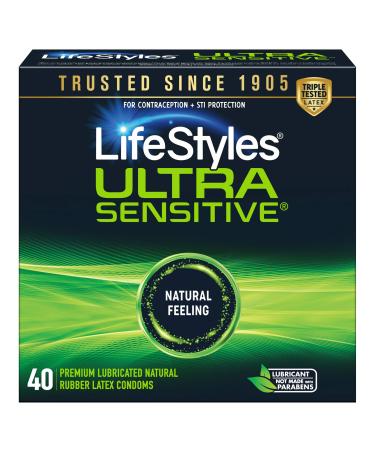 LifeStyles Ultra Sensitive Natural Feeling Lubricated Latex Condoms, 40 Count 40 Count (Pack of 1) Natural Feeling