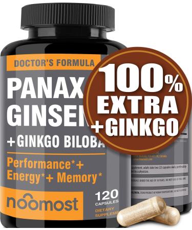 Authentic Korean Red Panax Ginseng + Ginkgo Biloba, 120 Vegan Capsules, Ginseng Root Extract Powder 1000mg (10% Ginsenosides) + Gingko Biloba 60mg, Energy and Focus Pills for Men and Women by NooMost