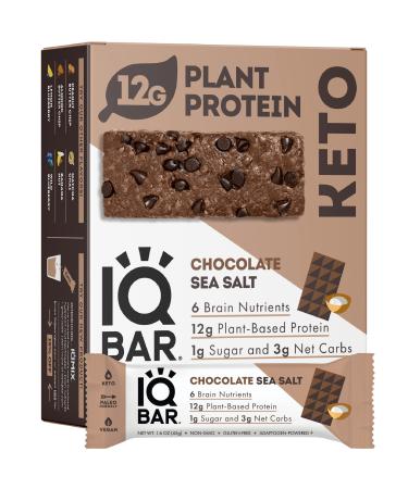 IQBAR Brain and Body Keto Protein Bars - Chocolate Sea Salt Keto Bars - 12-Count Energy Bars - Low Carb Protein Bars - High Fiber Vegan Bars and Low Sugar Meal Replacement Bars - Vegan Snacks 12 Count (Pack of 1)