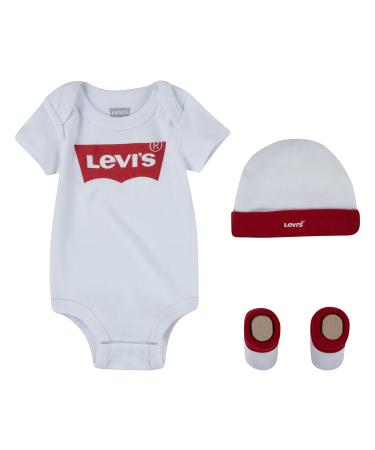 Levi's Kids Classic Batwing Infant Hat Bodysuit Bootie Set 3 Piece Unisex Baby 0-6 Months WHITE