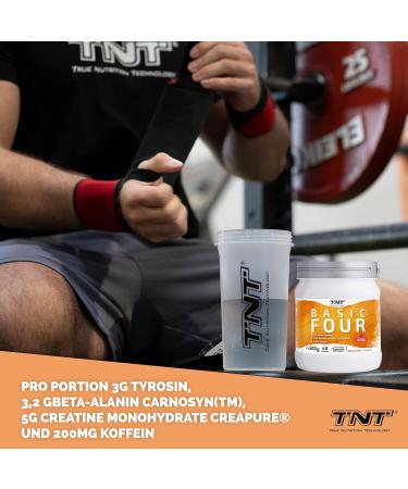 TNT Basic Four Raspberry 500g - Pre Workout Booster with Creapure Creatine Tyrosine & Beta-Alanine | International Shipping Available - Buy Online on GoSupps.com