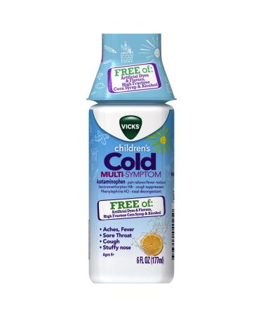 Vicks Children's Multi-Symptom Cold Relief from Cough Sore Throat Fever Free of: Artificial Dyes & Flavors High Fructose Corn Syrup & Alcohol Citrus Orange Flavor for Children Ages 6+ 6 FL OZ Free-of Cold Multi-Symptom 6 Fl Oz (Pack of 1)