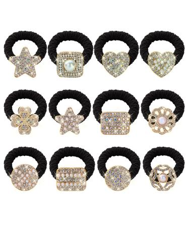12 PCS Elastic Hair Ties Crystal Rhinestone Hair Ropes Black Diamond Ponytail Holder Hair Bands Accessories for Women Girls 12pcs-1 BlackSet1