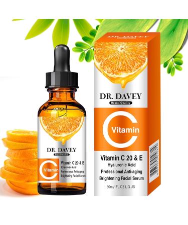Dr. Davey Vitamin C Facial Serum - Anti-Aging Hyaluronic Acid & Vitamin E Skin Care - 1oz Organic Treatment for Wrinkles & Skin Repair - Buy Online on GoSupps.com