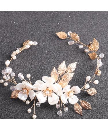 BERYUAN Women White Flowers Gold Leaves Pearls Rhinestone Wedding Hair Vine Princess Pearls Rhinestone Bride Hairpiece Gold Wedding Hair Accessory Gold Bridal Headpiece for Wedding for Women Girls - Buy Online on GoSupps.com