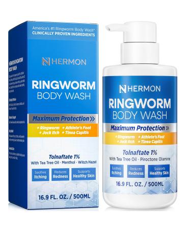 Hermon Ringworm Antifungal Body Wash with 1% Tolnaftate Fragrance-Free Gentle Daily Shower Wash Tea Tree + Aloe + Oat Soothing Vegan For Body Back Chest Groin Underarms Feet.