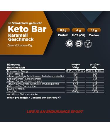 Daily Endurance Keto Bar | Best Low Carb Protein Snack | Vegan Chocolate | 3g Net Carbs | 12 Bars with Sckoko Coating | Caramel Flavor - Buy Online on GoSupps.com