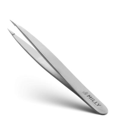 By MILLY Pointed Tweezers - Hammer Forged 100% German Steel, Point-Tip Precision Tweezers for Ingrown Hair, Eyebrows, Facial Hair, Splinters, Glass Removal - Perfectly Aligned, Hand-Filed - Silver